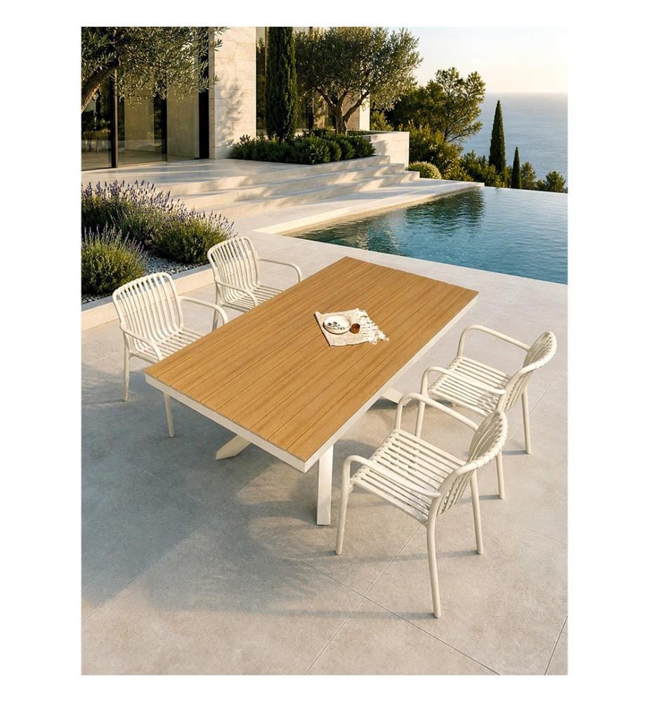 Ensemble table de jardin LAMU (180x100 cm) en aluminium et plateau polywood aspect bois et 4 fauteuils TIAGO sable - GREGE