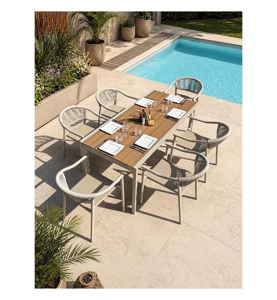 Gartentisch-Set TONGA (170 x 80 cm) aus Aluminium mit Tischplatte aus Polywood in Holzoptik und 6 Sessel SUMBA - GREGE