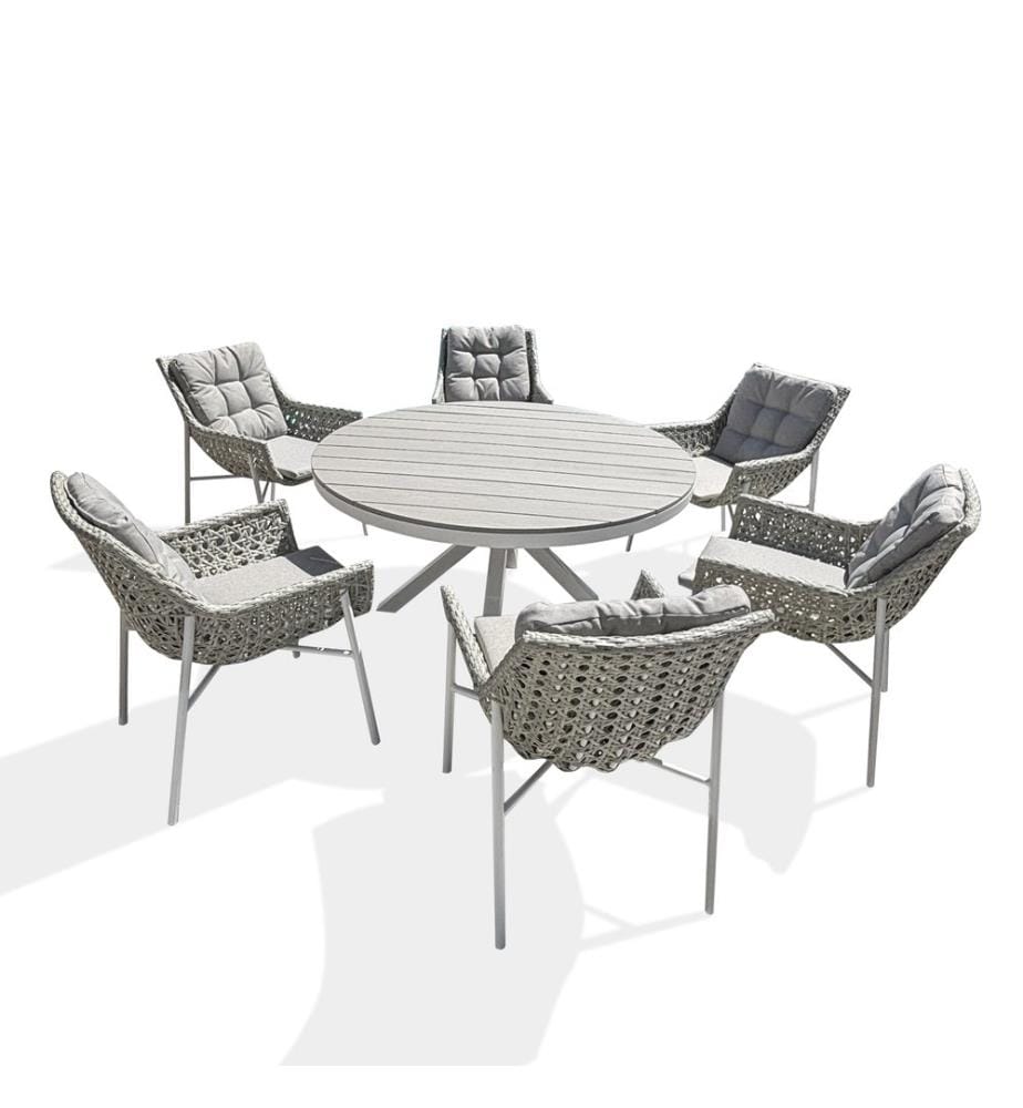 Set runder Gartentisch ELBA (Durchm. 142 cm) aus Aluminium und Polywoodplatte und 6 Sessel ELBA - WEISS