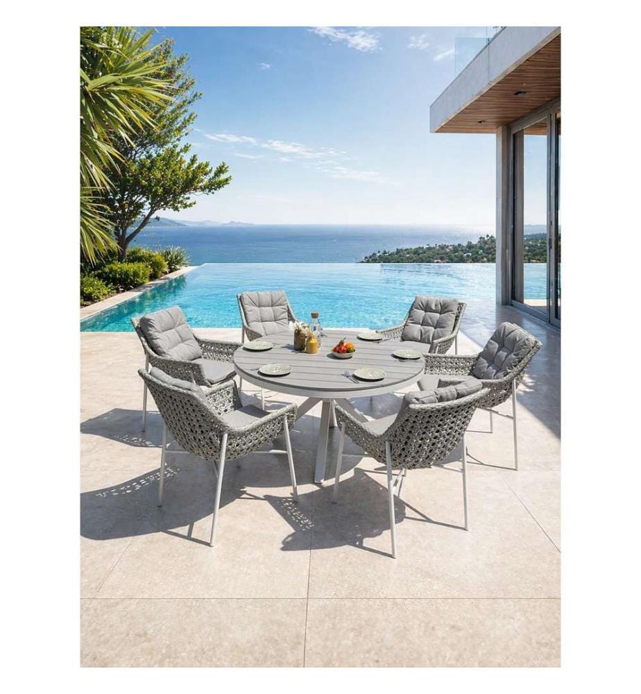 Set runder Gartentisch ELBA (Durchm. 142 cm) aus Aluminium und Polywoodplatte und 6 Sessel ELBA - WEISS
