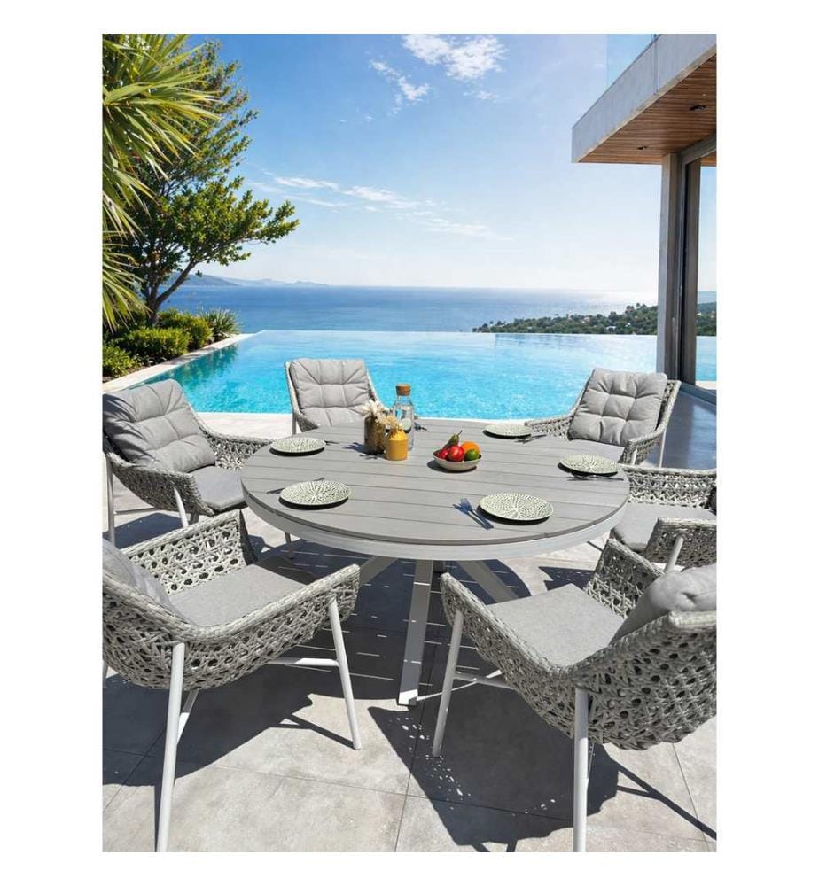 Set runder Gartentisch ELBA (Durchm. 142 cm) aus Aluminium und Polywoodplatte und 6 Sessel ELBA - WEISS