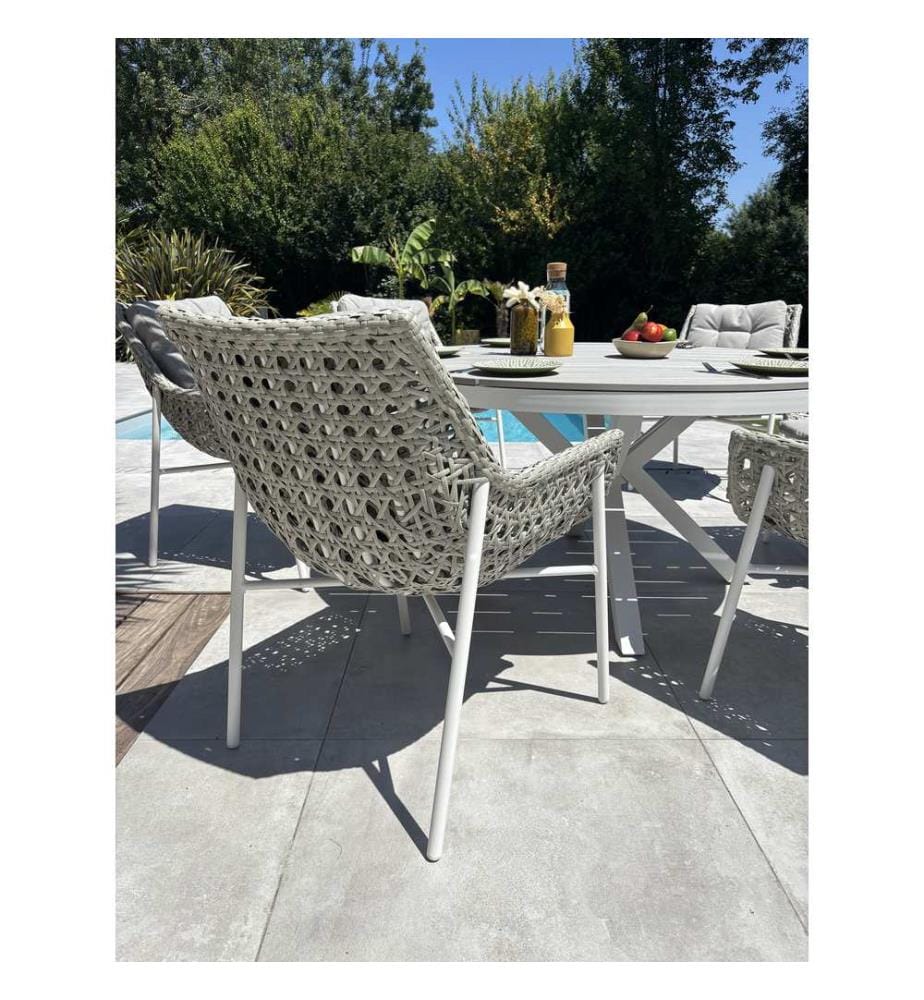 Set runder Gartentisch ELBA (Durchm. 142 cm) aus Aluminium und Polywoodplatte und 6 Sessel ELBA - WEISS