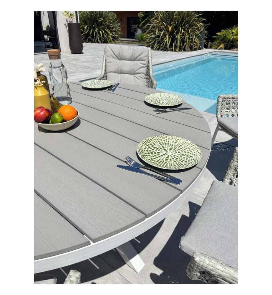 Set runder Gartentisch ELBA (Durchm. 142 cm) aus Aluminium und Polywoodplatte und 6 Sessel ELBA - WEISS