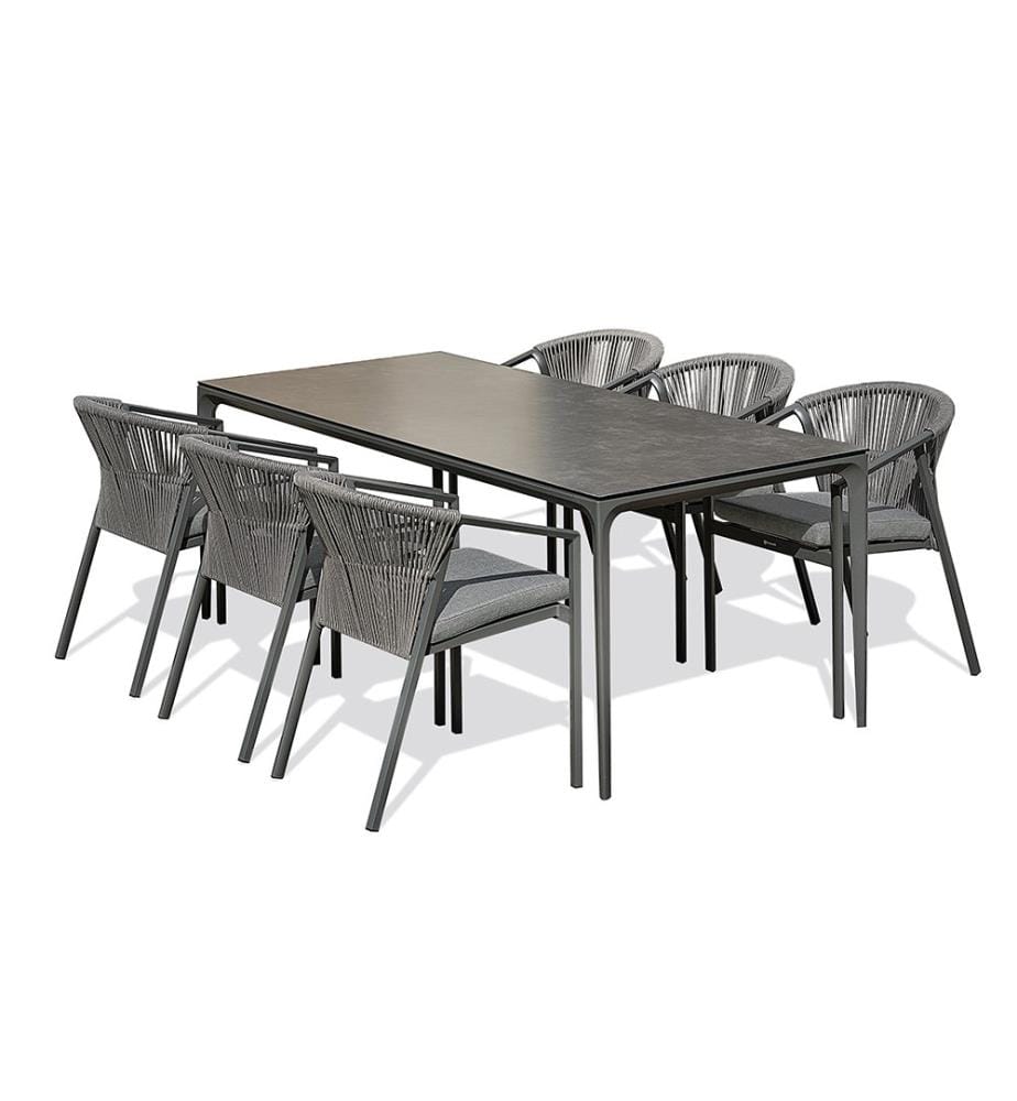 Ensemble table de jardin TIGUA (200x90 cm) en aluminium et plateau céramique sur verre et 6 fauteuils GAMBI empilables - GRIS ANTHRACITE