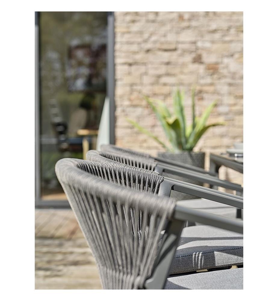 Ensemble table de jardin TIGUA (200x90 cm) en aluminium et plateau céramique sur verre et 6 fauteuils GAMBI empilables - GRIS ANTHRACITE