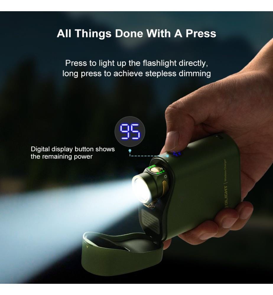 Lampe de poche avec boîtier de recharge et fonction batterie externe de 5 000 mAh - Kaki