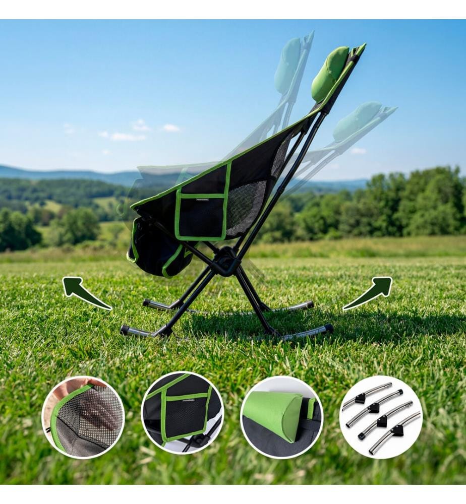 Chaise à bascule de camping pliante 2 en 1 avec pochette, coussin et sac de transport Trillow - NoirVert