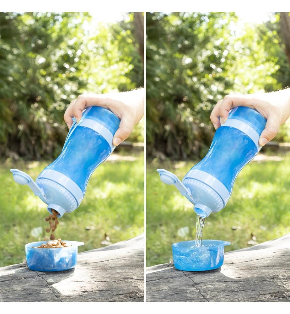 Bouteille 2 en 1 avec Récipients d'Eau et de Nourriture pour Animaux de Compagnie Pettap - Bleu