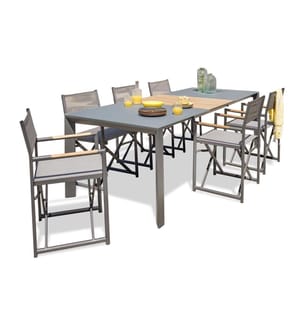 Gartentisch-Set HONFLEUR (180/250x100 cm) aus Aluminium mit Glasplatte und HPL-Verlängerung in Holzoptik und 6 Klappsesseln - ANTHRACIT-GRAU