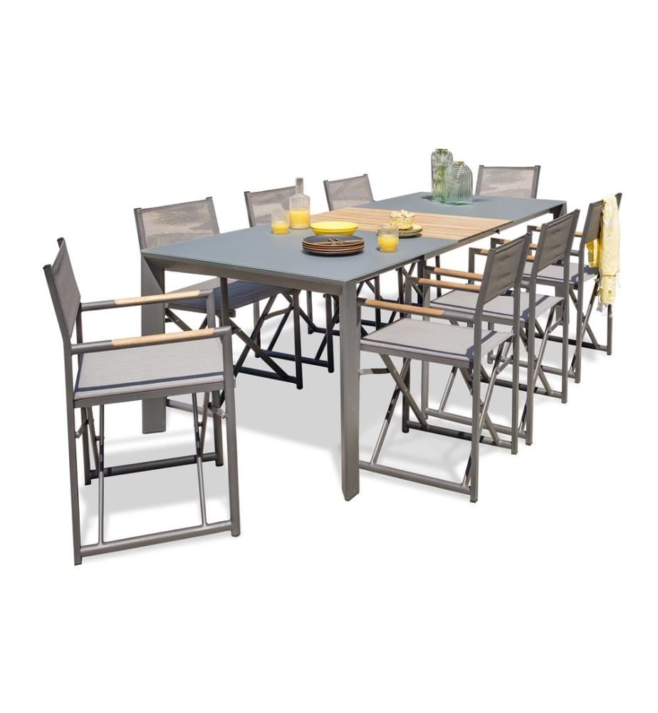 Set di tavoli da giardino HONFLEUR (180/250x100 cm) in alluminio con piano in vetro e prolunga in HPL effetto legno e 8 poltrone pieghevoli - GRIGIO ANTRACITE