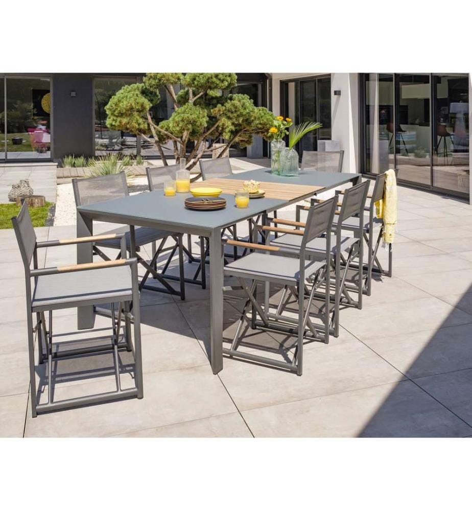 Set di tavoli da giardino HONFLEUR (180/250x100 cm) in alluminio con piano in vetro e prolunga in HPL effetto legno e 8 poltrone pieghevoli - GRIGIO ANTRACITE