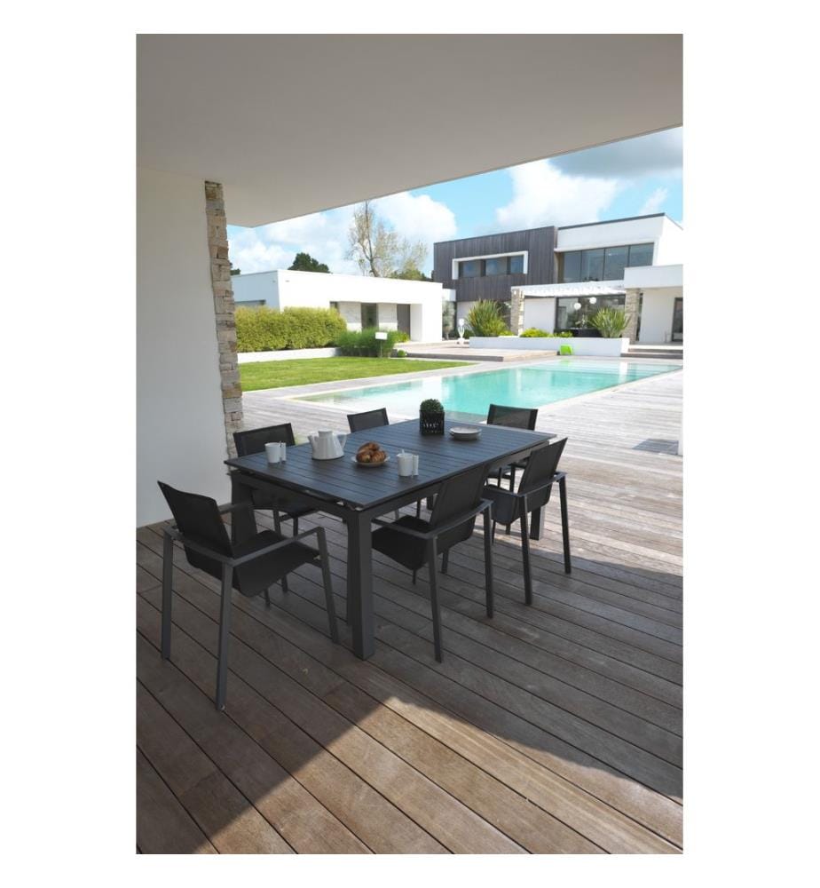 Gartentisch-Set MIAMI (180/240X100 cm) aus Aluminium mit automatischer Verlängerung und 6 Sesseln MIAMI - ANTHRACIT-GRAU
