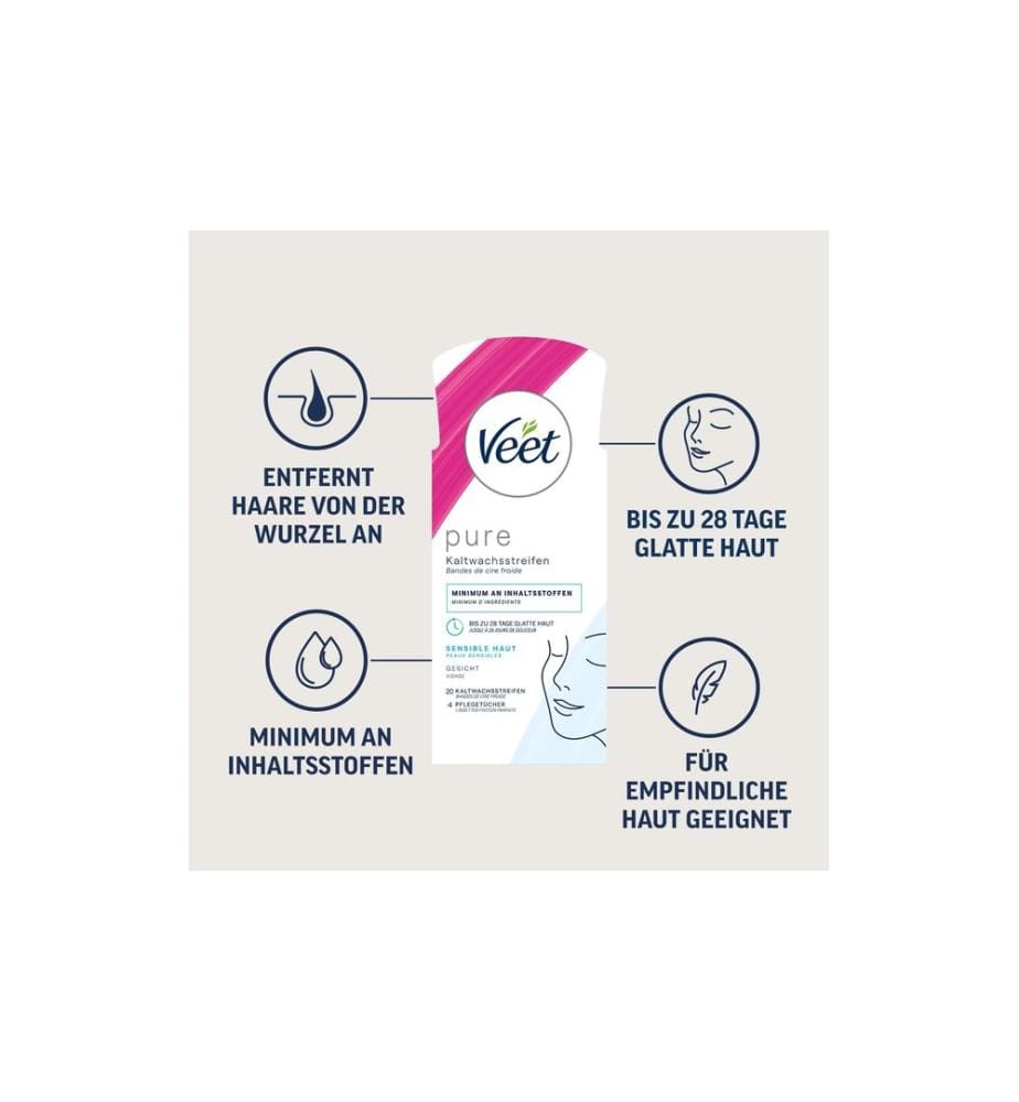 Veet - Bandes de cire froide Pure visage Peaux sensibles 20 pièces