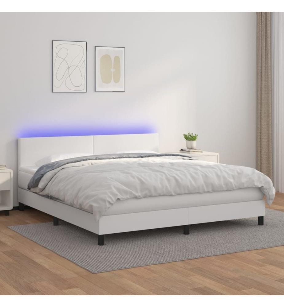Boxspringbett mit Matratze & LED Weiss 160x200 cm Kunstleder