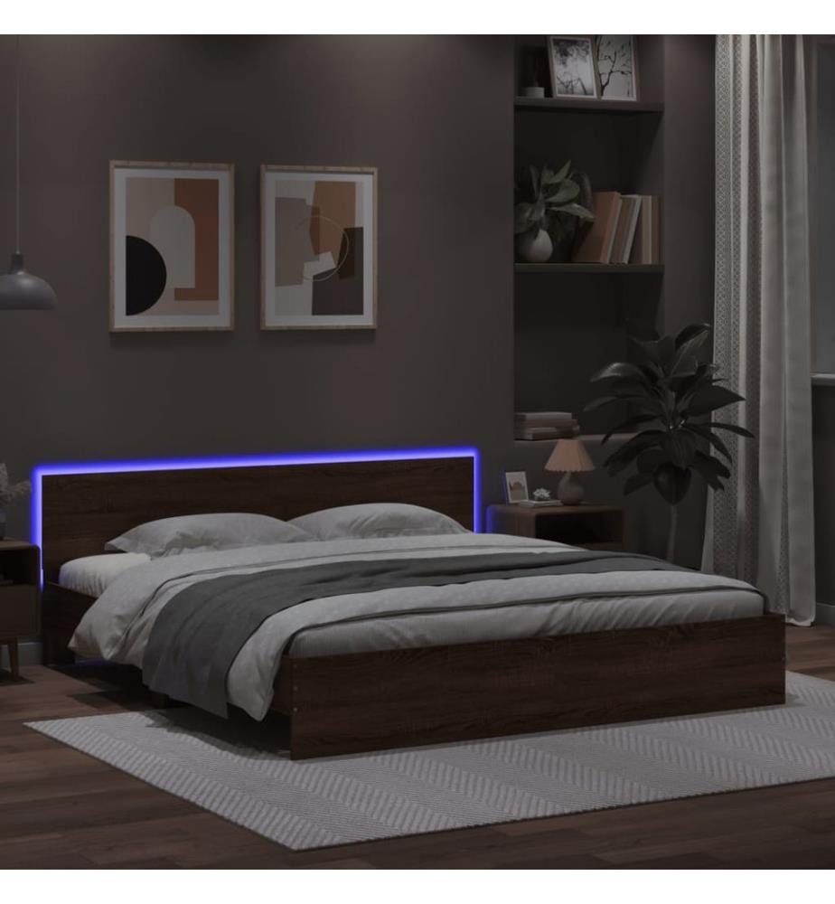 Bettgestell mit Kopfteil und LED-Beleuchtung Braun Eiche-Optik
