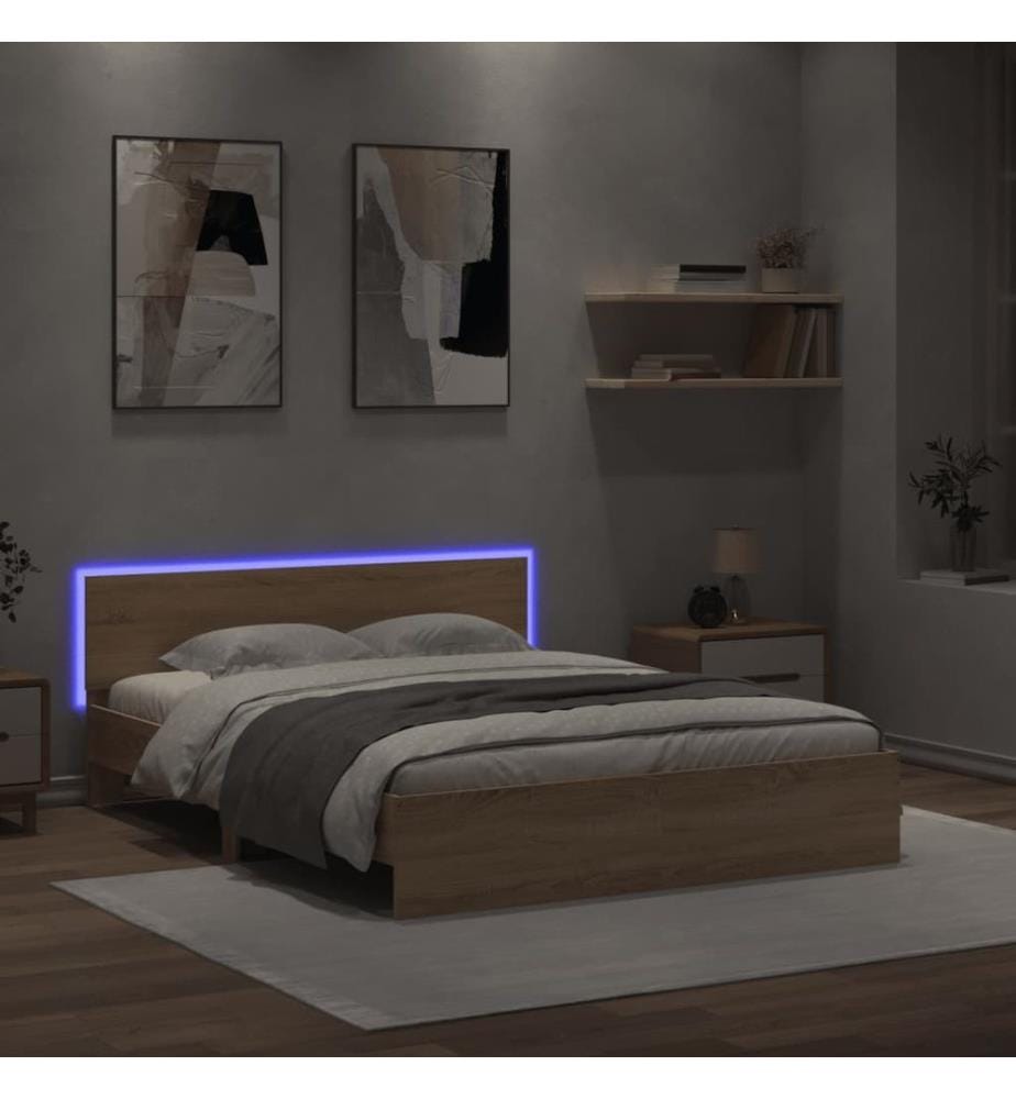Bettgestell mit Kopfteil und LED-Beleuchtung Sonoma-Eiche