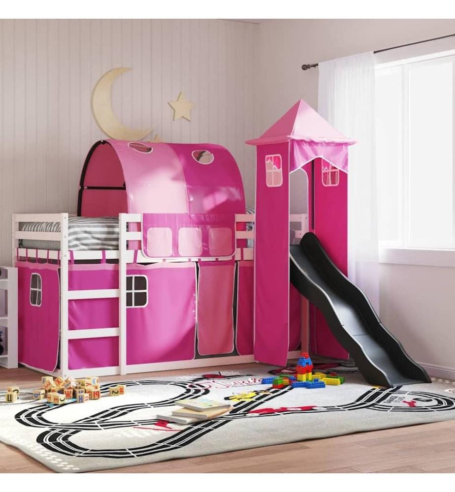 Lit superposé sans matelas avec toboggan et rideaux 90x200 cm