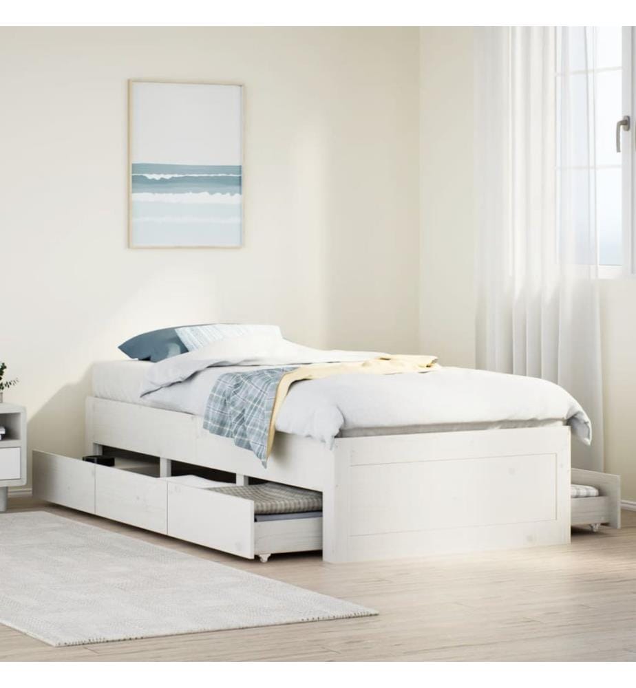 Massivholzbett ohne Matratze mit Schubladen Weiss 75x190 cm