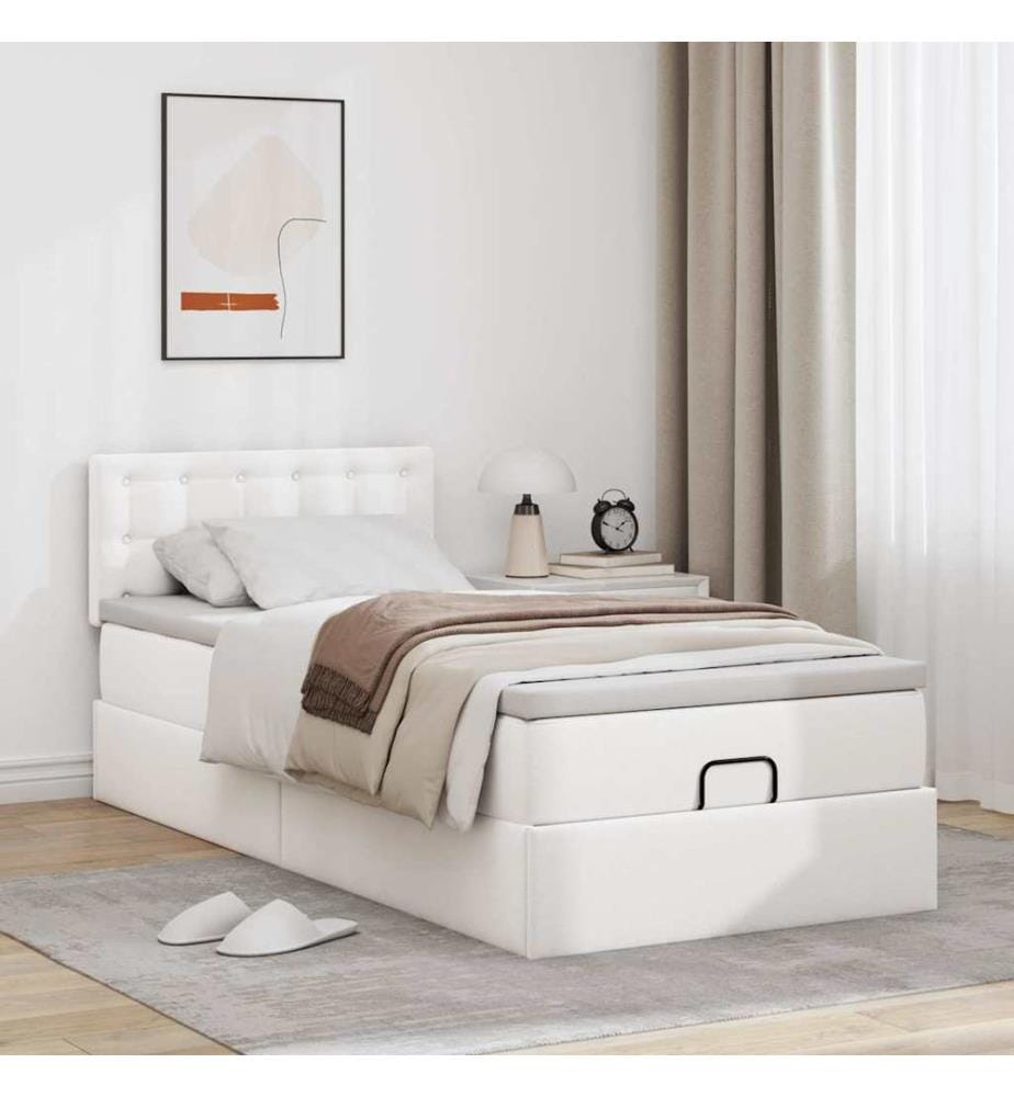 Lit ottoman avec matelas blanc 100x200 cm similicuir