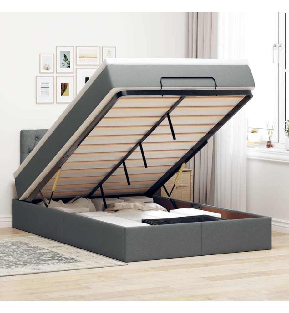 Ottomane Bett mit Matratze & LEDs Dunkelgrau 120x200 cm Stoff