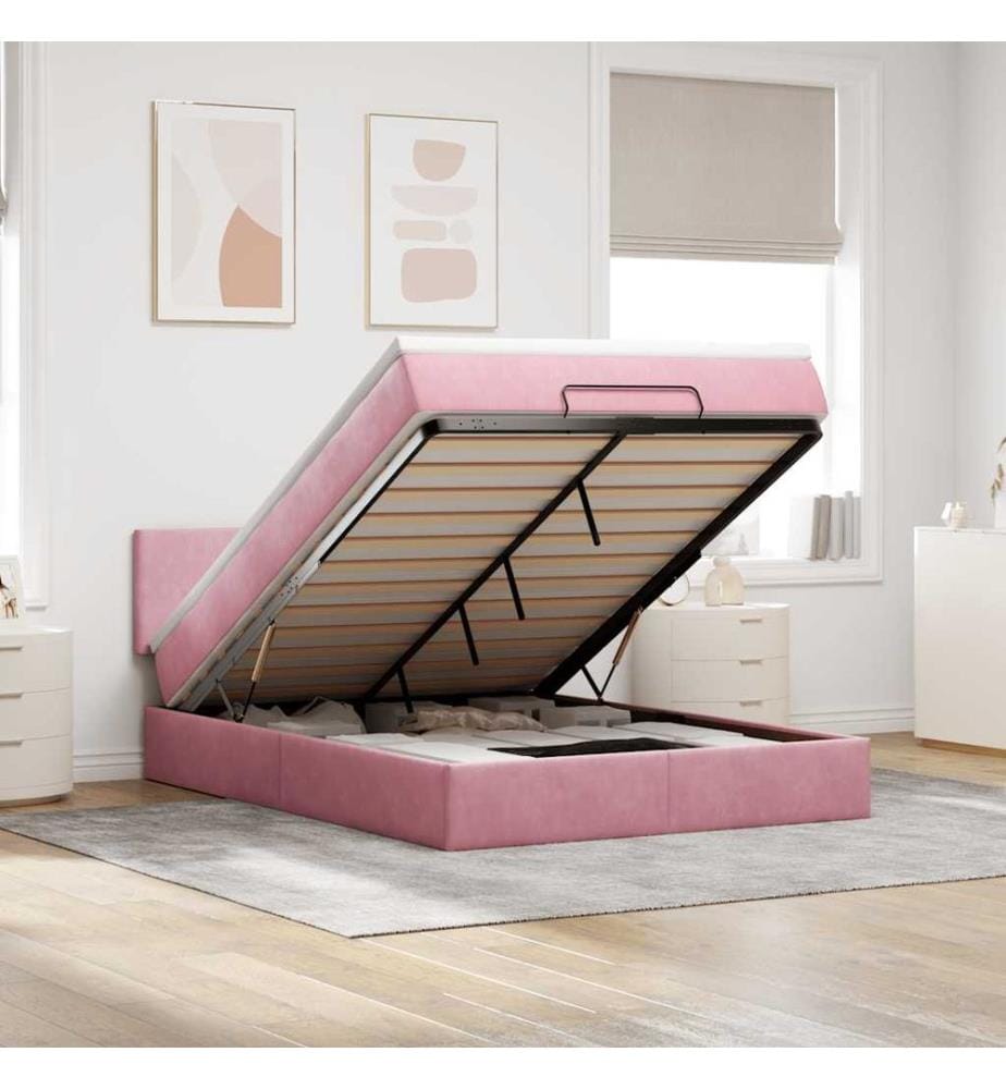 Ottoman-Bett mit Matratze & LEDs Rosa 140x200 cm Samt