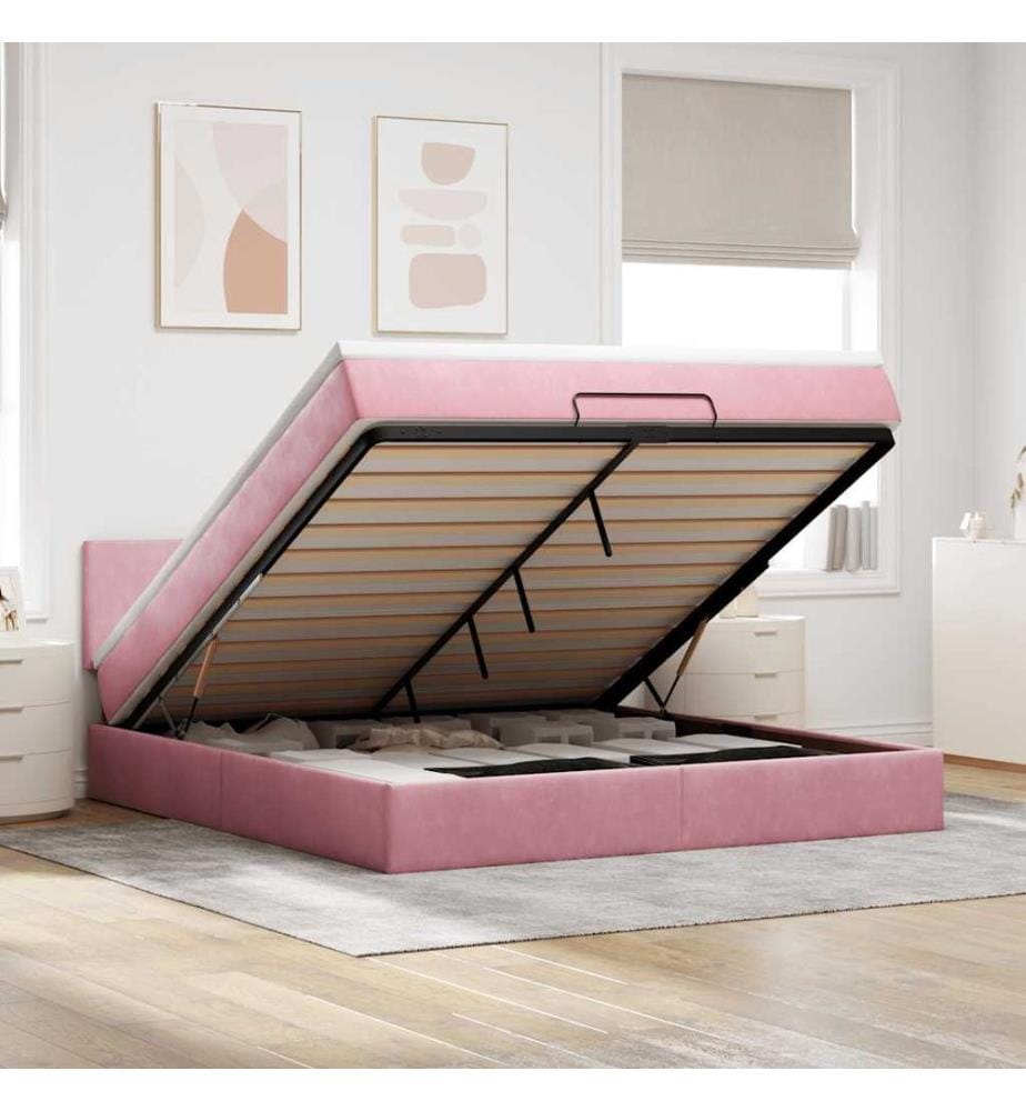 Ottomane Bett mit Matratze & LEDs Rosa 180x200 cm Samt