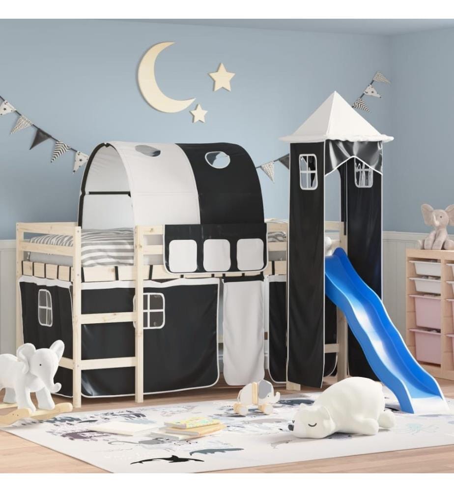 Rideaux pour lit mezzanine avec tunnel et tour blanc et noir
