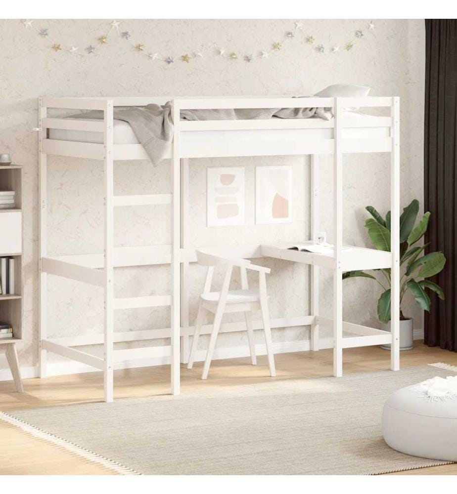 Hochbett mit Schreibtisch Weiss 90x190 cm Massivholz Kiefer