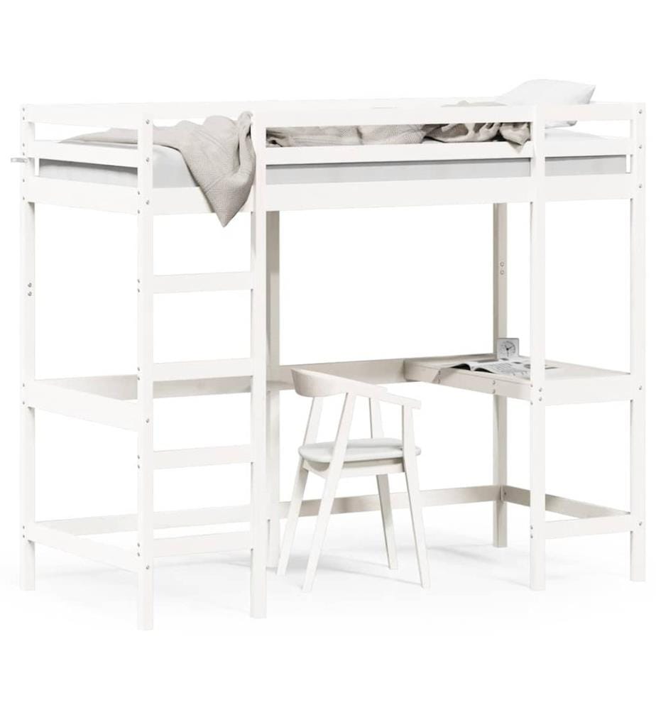 Hochbett mit Schreibtisch Weiss 90x190 cm Massivholz Kiefer