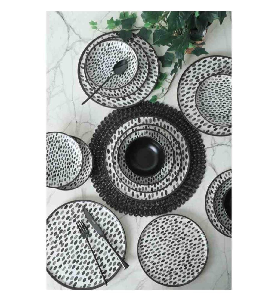 Set da pranzo in ceramica, 24 pezzi, nero, bianco, 100% ceramica, antibatterico