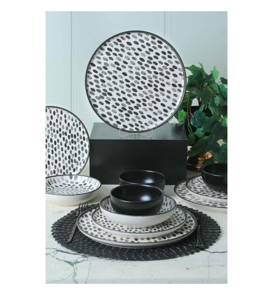 Set da pranzo in ceramica, 24 pezzi, nero, bianco, 100% ceramica, antibatterico