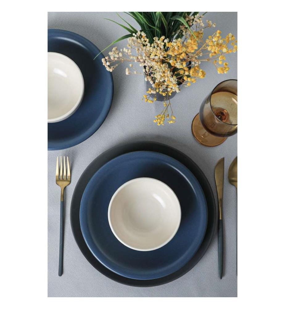 Set da pranzo in ceramica, 18 pezzi, blu, bianco, 100% ceramica, antibatterico