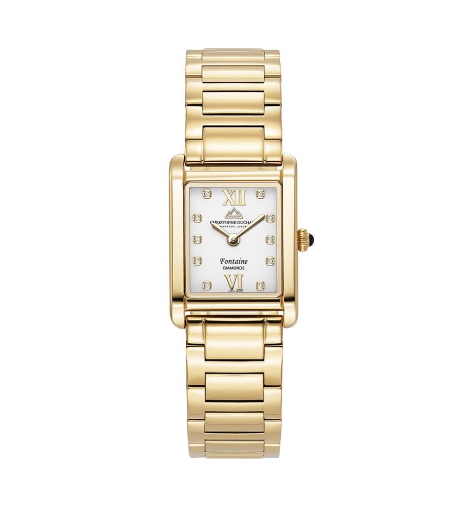 Uhr mit weissem, sonnenbeschienenem Zifferblatt, Gehäuse und Armband aus Fontaine-Gold - 21mm