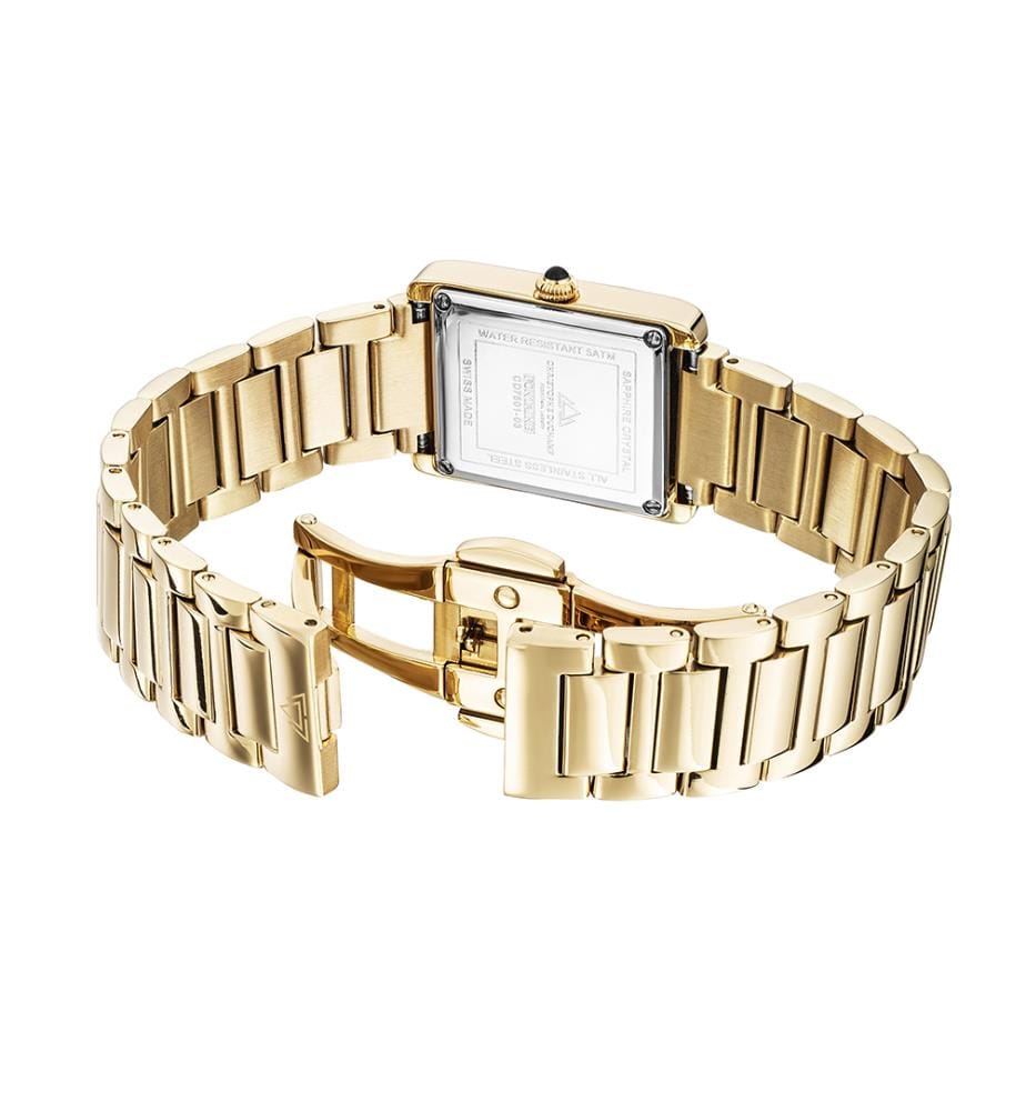 Uhr mit weissem, sonnenbeschienenem Zifferblatt, Gehäuse und Armband aus Fontaine-Gold - 21mm