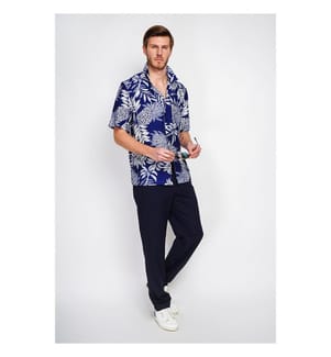 Hawaiianisches Hemd mit kurzen Ärmeln, vorne geknöpft, mit Brusttasche - Marineblau