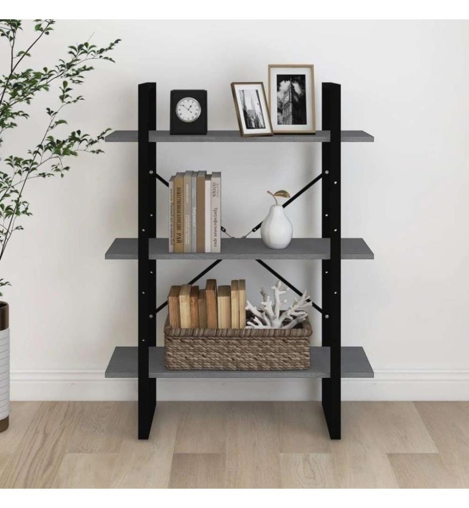 Bibliothèque à 3 niveaux Gris 80x30x105 cm Bois de pin massif