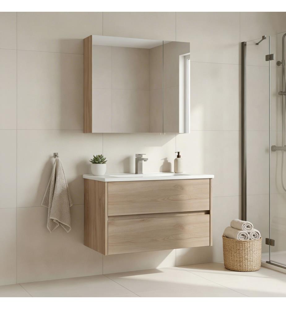 Badezimmerschrank mit Waschbecken und Spiegel 2-teilig Eiche 100 % melaminbeschichtete Spanplatte