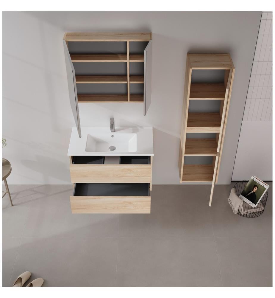 Badezimmerschrank mit Waschbecken und Spiegel 2-teilig Eiche 100 % melaminbeschichtete Spanplatte