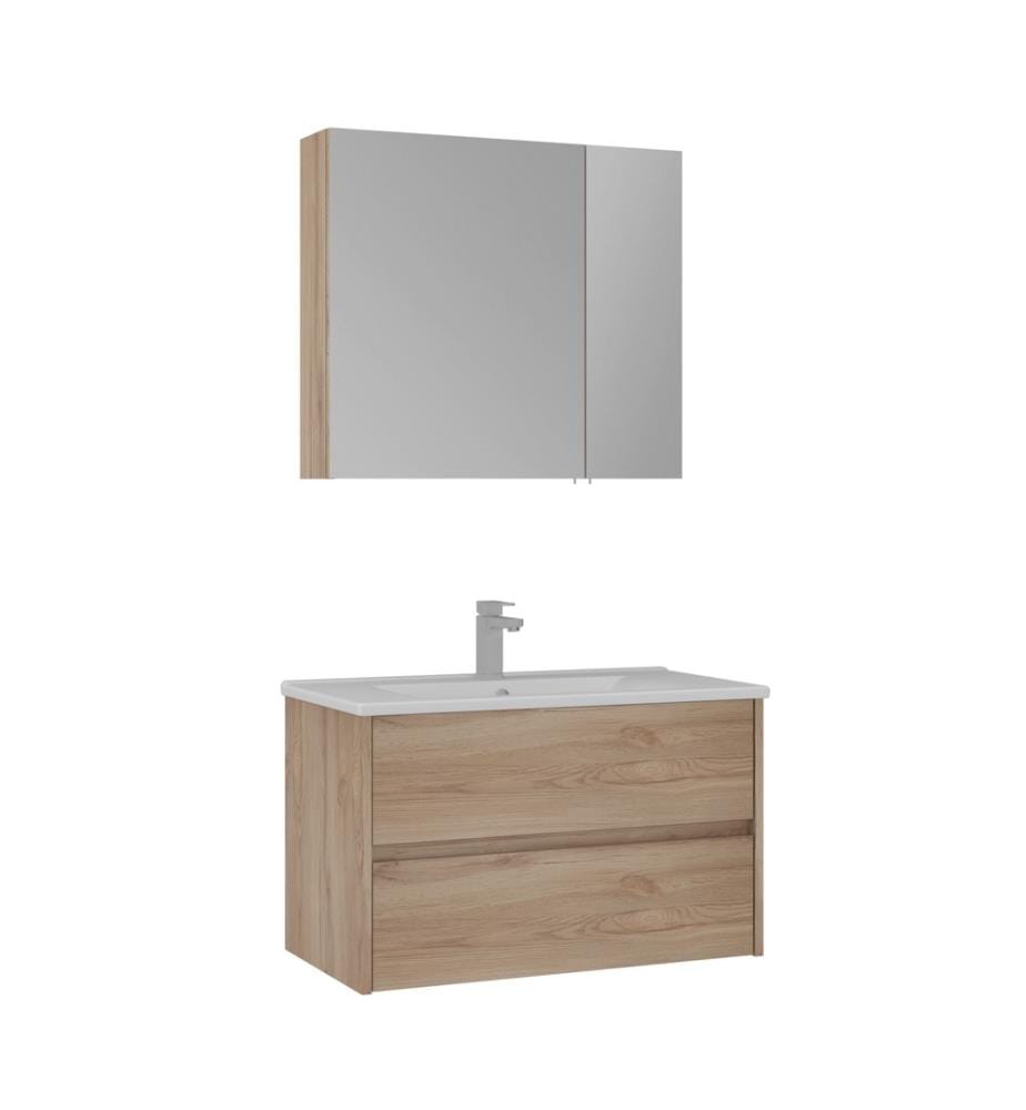 Badezimmerschrank mit Waschbecken und Spiegel 2-teilig Eiche 100 % melaminbeschichtete Spanplatte