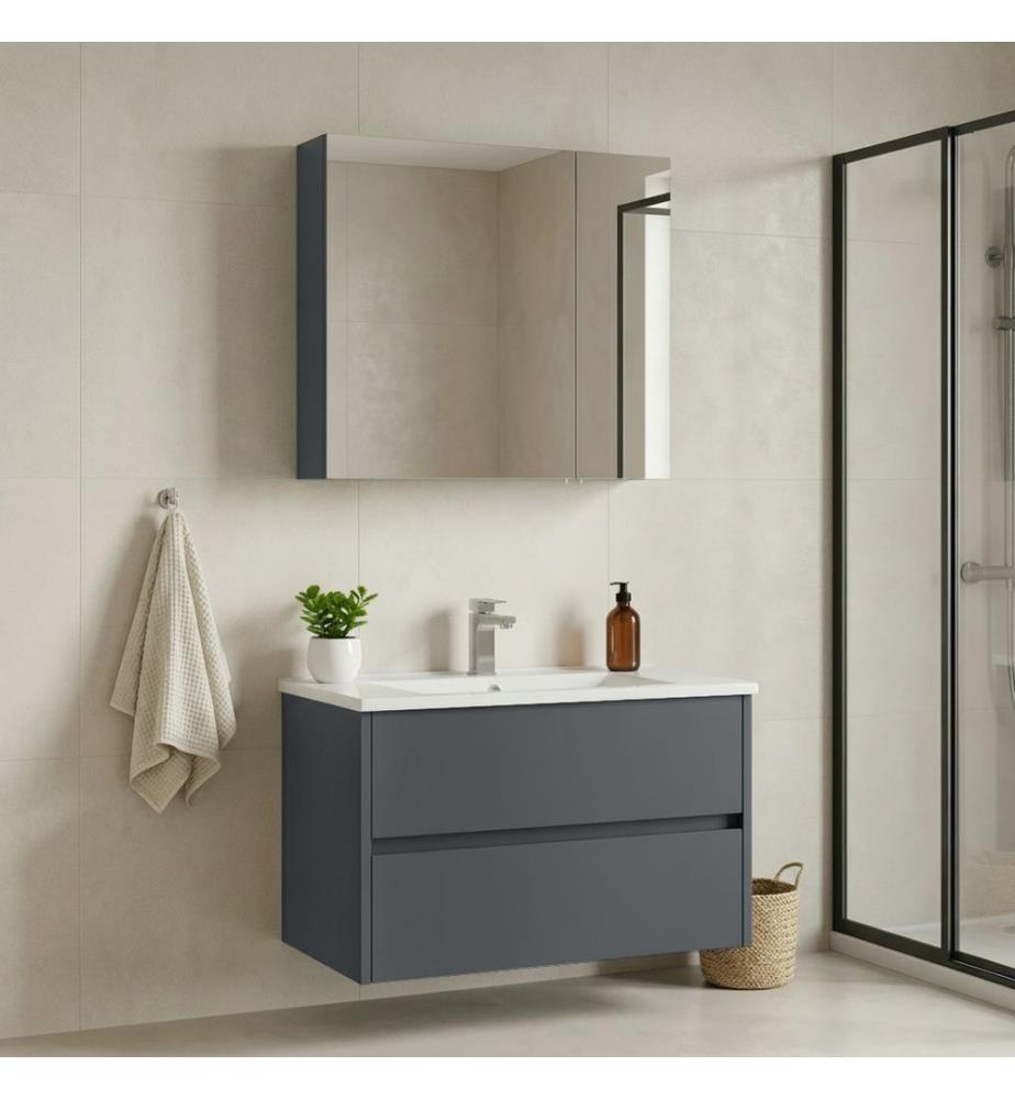 Badezimmerschrank mit Waschbecken und Spiegel 2-teilig mattes Anthrazit 100 % melaminbeschichtete MDF-Platte