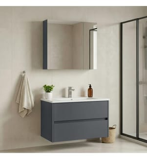 Badezimmerschrank mit Waschbecken und Spiegel 2-teilig mattes Anthrazit 100 % melaminbeschichtete MDF-Platte