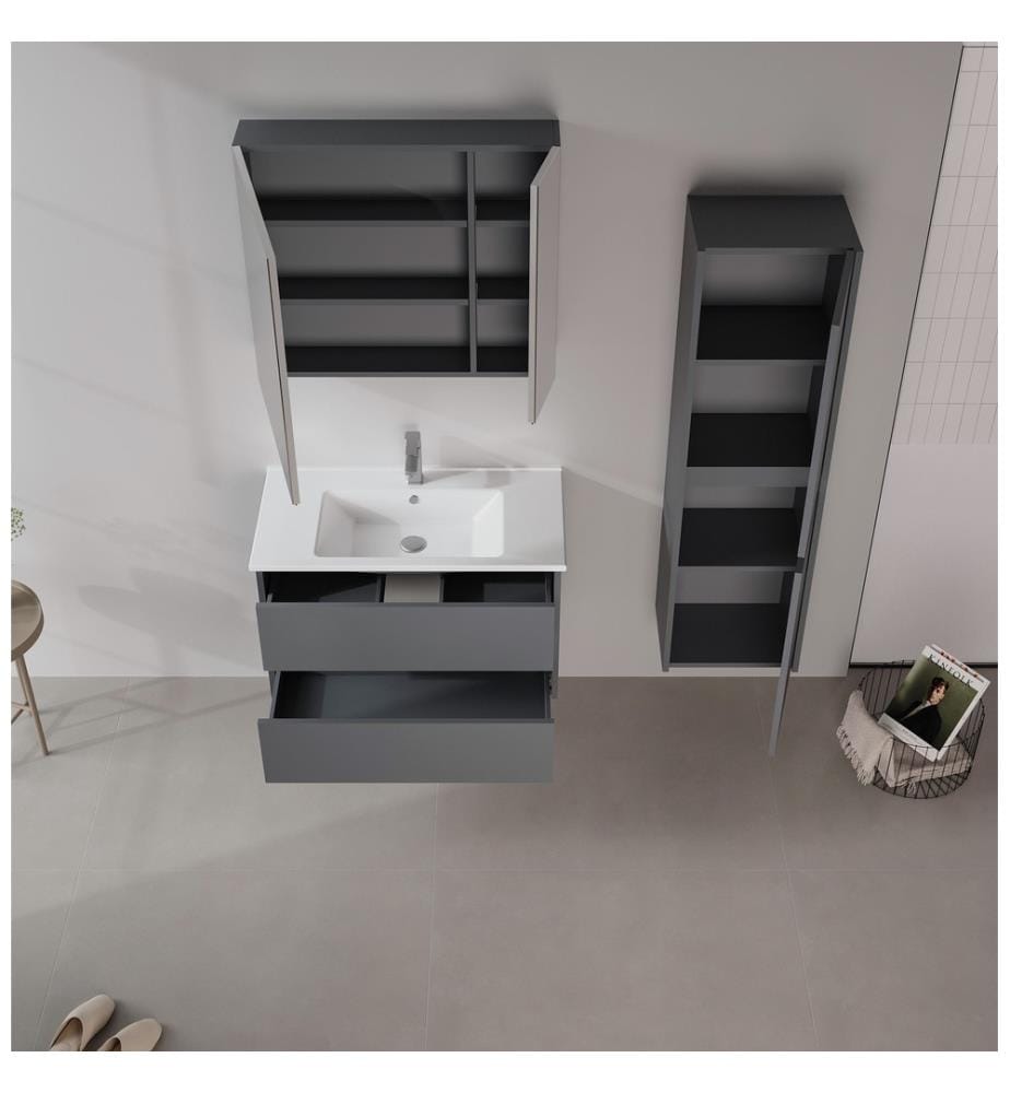 Badezimmerschrank mit Waschbecken und Spiegel 2-teilig mattes Anthrazit 100 % melaminbeschichtete MDF-Platte