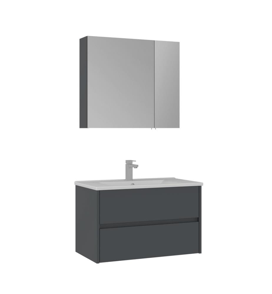 Badezimmerschrank mit Waschbecken und Spiegel 2-teilig mattes Anthrazit 100 % melaminbeschichtete MDF-Platte
