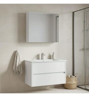 Badezimmerschrank mit Waschbecken und Spiegel 2-teilig mattweiss 100 % melaminbeschichtete MDF-Platte