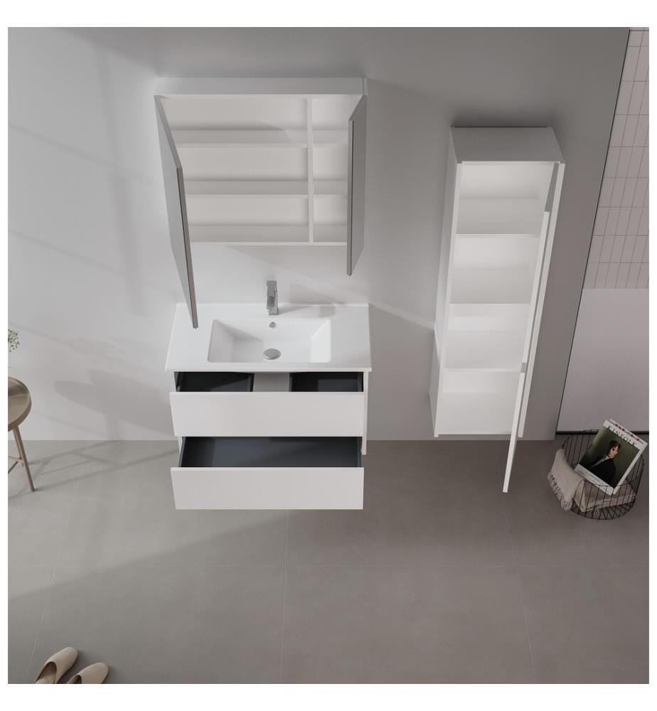 Badezimmerschrank mit Waschbecken und Spiegel 2-teilig mattweiss 100 % melaminbeschichtete MDF-Platte