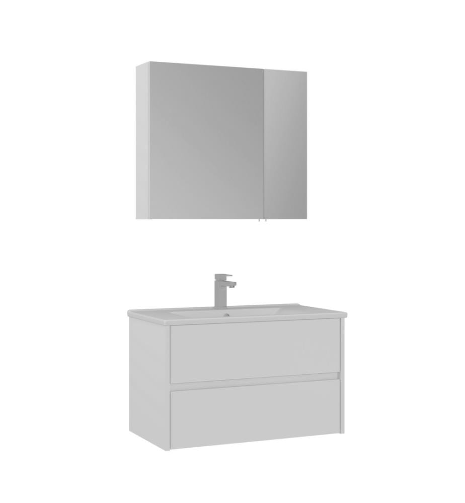 Badezimmerschrank mit Waschbecken und Spiegel 2-teilig mattweiss 100 % melaminbeschichtete MDF-Platte