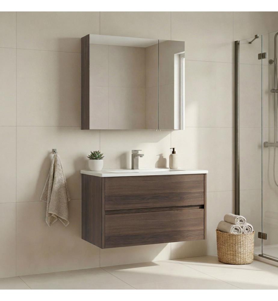 Badezimmerschrank mit Waschbecken und Spiegel 2-teilig Walnuss 100 % melaminbeschichtete Spanplatte