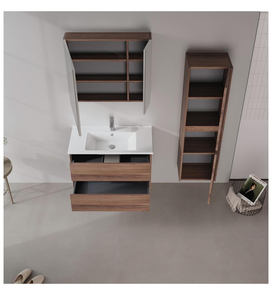Badezimmerschrank mit Waschbecken und Spiegel 2-teilig Walnuss 100 % melaminbeschichtete Spanplatte
