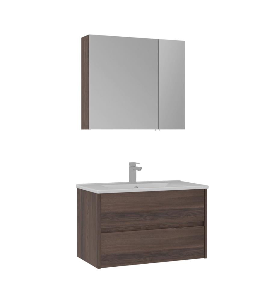 Badezimmerschrank mit Waschbecken und Spiegel 2-teilig Walnuss 100 % melaminbeschichtete Spanplatte