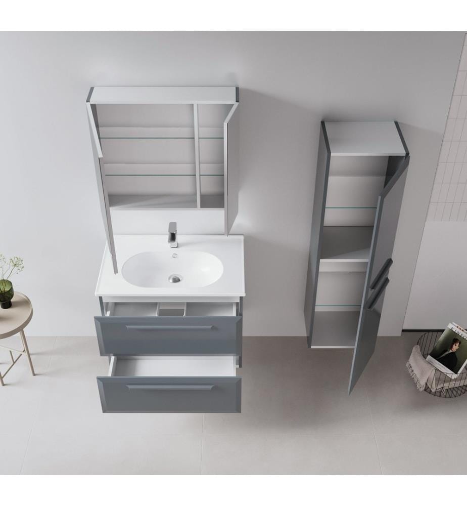 Badezimmerschrank mit Waschbecken und Spiegel 2-teilig Anthrazit 100 % hochglanzlackiertes MDF